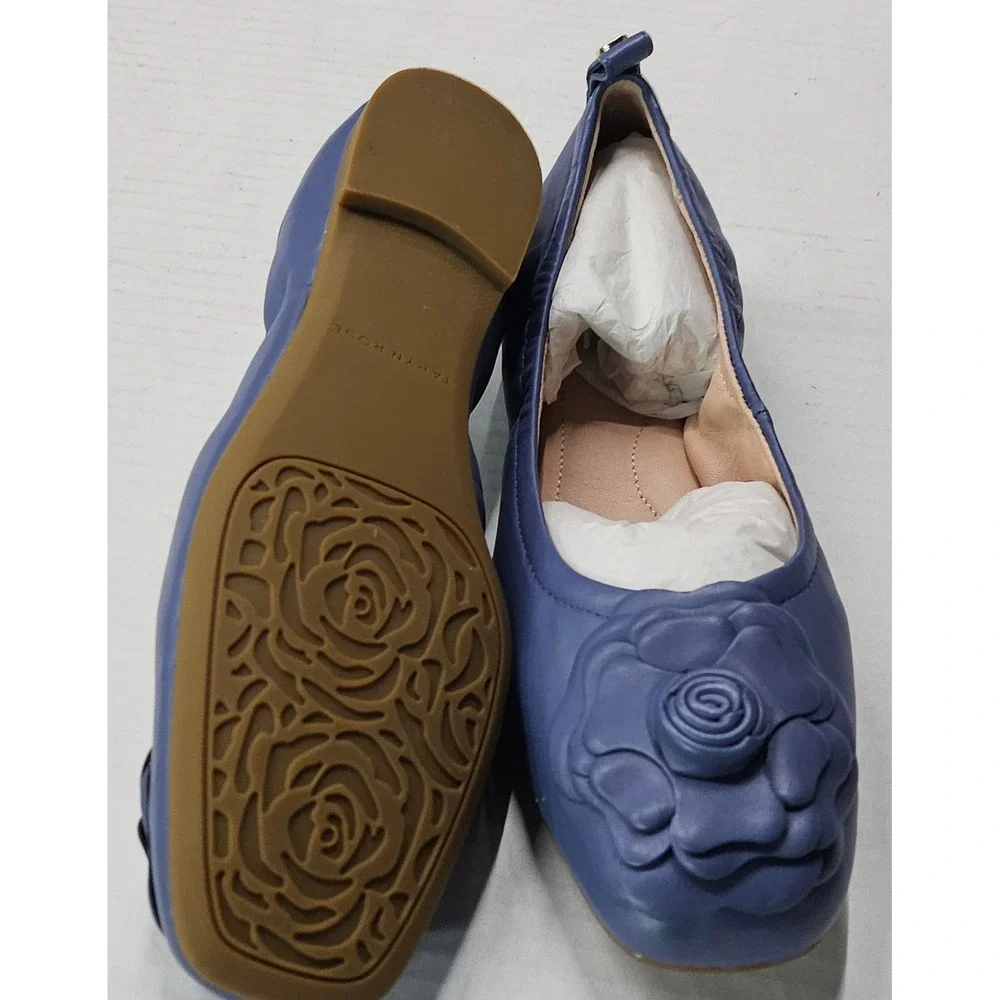 Taryn‎ Rose Rosalyn Blue Sheep Nappa Leather Rose Square Toe Ballet Flats 5.5M